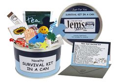 a blue tin with some items inside it and a card in the bottom that says, not yet survival kit in a can