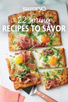 the cover of savory's 22 spring recipes to savor, with bacon and eggs on top