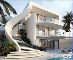 an architectural rendering of a house with stairs leading up to it