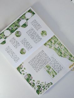 an open book with green and white designs on the pages, sitting on top of a table