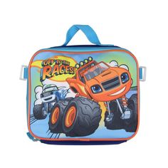 a lunch box with an orange monster truck on it