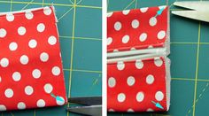 two pictures showing how to make a wallet out of fabric and paper with scissors on the side