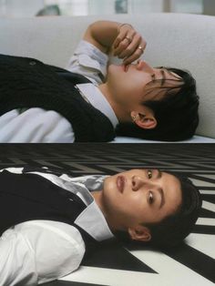 two pictures of a man laying on the floor with his hand up to his head