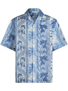 blue cotton poplin texture all-over graphic print camp collar front button fastening short sleeves straight hem Masc Outfits, Placement Print, Bowling Shirt, Bowling Shirts, Cool Fits, Men's Apparel, Men's Wear, Hawaiian Shirts, Knitting Designs