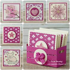 some cards with pink and white designs on them