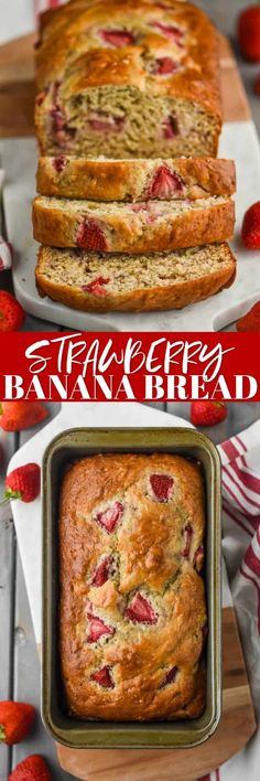 strawberry banana bread with fresh strawberries on top and in the bottom, two slices cut off