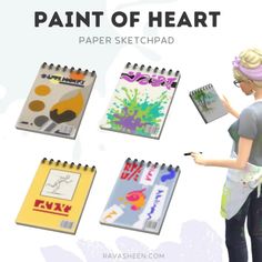 a woman is holding a notebook and some art supplies in front of her, with the words paint of heart on it