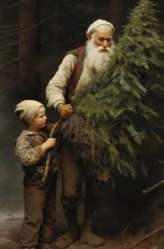 an old man holding a christmas tree next to a young boy with a sack on his shoulder