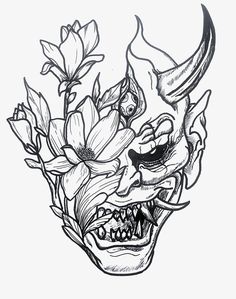 a black and white drawing of a skull with flowers in it's mouth on a white background