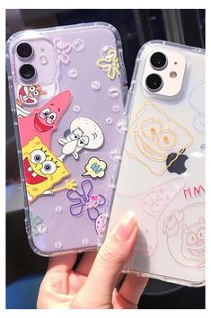 two cases with cartoon characters on them, one is clear and the other is purple