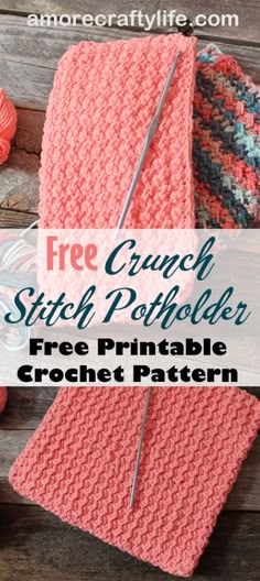 the free crochet stitch potholder pattern with text overlay that reads, free crochet crunch stitch potholders