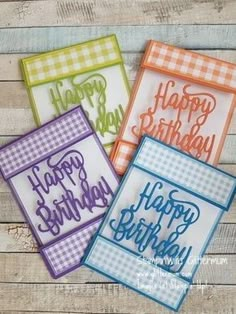 three happy birthday cards with gingham checkers and the words happy birthday on them