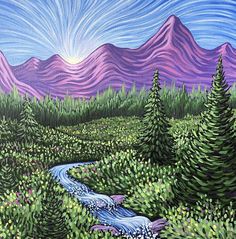 a painting of a stream running through a lush green forest with mountains in the background