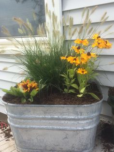 some yellow flowers and grass in a metal planter on the side of a house