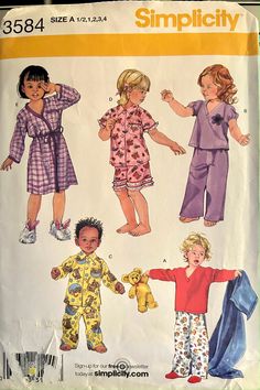 Simplicity sewing pattern 3584 - sleepwear toddler's pajamas / pyjamas & robe size 1/2, 1, 2, 3, 4 uncut and factory folded this pre-owned pattern is in very good condition - envelope does show minor signs of wear please see photos for fabric requirements Toddler Pajamas Boy, Pajamas Pattern, Lingerie Patterns, Sew Patterns, Pajama Pattern, Girls Robes, Toddler Pajamas, Paper Sewing Patterns, Simplicity Sewing