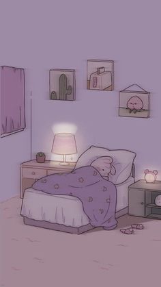 a drawing of a bedroom with purple walls