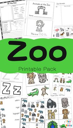 zoo printable pack with the words zoo on it and pictures of animals in green