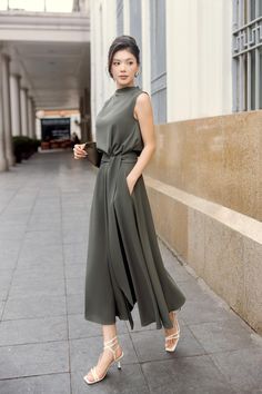 Hiera Blouson Asymmetric Neck Satin Midi Dress | MEAN BLVD