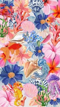 an image of colorful flowers and fish on a white background with blue, pink, orange, and yellow colors