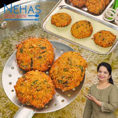 a woman is standing in front of some food