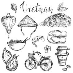 hand drawn sketch set of different food items and things to eat on the street illustration