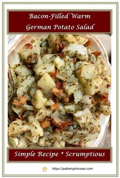 a white plate topped with potato salad next to a fork