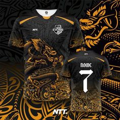 a black and gold shirt with an image of a dragon on the front, and number 7 on the back