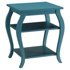 a small blue table with two shelves on each side and one shelf below the top