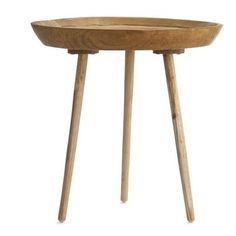 a wooden stool with two legs and a small bowl on the top, sitting on a white background