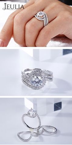 three different views of wedding rings with diamonds on top and bottom, one in the middle