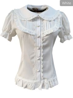 Elegant Doll Collar Ruffle Classic Lolita White Or Apricot Short Sleeve Shirt Thing Aesthetic, Spring Wishlist, Frilly Shirt, Gothic Victorian Dresses, Short Sleeve Collared Shirt, Short Sleeve Blouses, Madness Returns, Estilo Harajuku, Outfit Inso