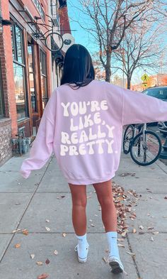 "This unique sweatshirt is made with quality fabric that is soft to the touch.. The design is simple, yet eye-catching, with a bold font that reads \"You're Like, Really Pretty.\". Perfect for any season, this sweatshirt is sure to become your favorite go-to item! Material & Care -50% cotton, 50% polyester -Medium-heavy fabric -Loose fit -Sewn-in label -Runs true to size -Wash Inside Out  -Gildan 18000 - Size Up For Oversized Fit Any questions just ask :) xo, Bobbi" Trendy Crew Neck Sweatshirt For Loungewear, Trendy Crew Sweatshirt For Loungewear, Trendy Oversized Crew Neck Sweatshirt, Trendy Relaxed Fit Sweatshirt, Trendy Drop Shoulder Sweater For Everyday, Trendy Fall Sweatshirt With Screen Print, Trendy Hoodie With Relaxed Fit And Drop Shoulder, Oversized Trendy Sweater With Letter Print, Trendy Relaxed Fit Hoodie With Drop Shoulder