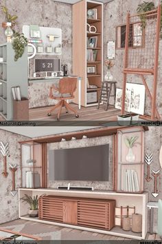 two renderings of a living room with furniture and bookshelves in different stages of construction