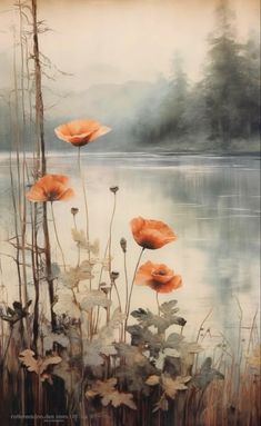 an oil painting of red poppies on the edge of a lake