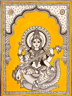 Saraswati, The Goddess of Knowledge by Pratibha Madan Preetkriti Kalamkari Goddess Painting, Saraswati Goddess Mandala Art, Saraswati Maa Mandala Art, Kalamkari Painting On Canvas, Saraswati Madhubani Painting, God Painting Ideas, Saraswati Goddess Drawing, Saraswati Mandala Art