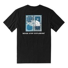 THE NORTH FACE Short Sleeve Bandana Square T-Shirt 'Black' NF0A4UDW-JK3 Black T-shirt With Letter Print For Outdoor, The North Face Cotton Short Sleeve T-shirt, The North Face Cotton Crew Neck T-shirt, Black Letter Print Top For Outdoor, Black Letter Print T-shirt For Outdoor, Casual Black T-shirt For Outdoor, Outdoor Crew Neck Tops With Logo Print, Outdoor Black T-shirt With Screen Print, Black Crew Neck T-shirt For Outdoor Activities