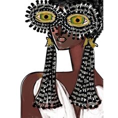 a drawing of an african woman with green eyes and long black hair, wearing headdress