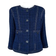 Marvellous Chanel jacket made of most precious Lesage tweed in royal blue colour - CC logo buttons with stars - matching trim in blue denim - tonal silk lining with camellias Size mark 36 FR. Condition: kept unworn, no signs of wear Blue Tweed Jacket With Buttons For Fall, Blue Tweed Jacket With Buttons For Winter, Winter Blue Tweed Jacket With Buttons, Blue Tweed Jacket With Button Closure For Formal Occasions, Luxury Blue Tweed Office Jacket, Formal Blue Tweed Jacket With Button Closure, Blue Tweed Workwear Jacket With Buttons, Luxury Blue Tweed Jacket For Winter, Blue Tweed Blazer With Buttons