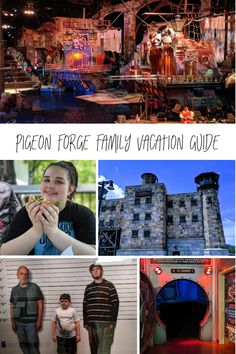 the pigeonn force family vacation guide is shown in this collage with photos and text