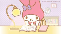 a cartoon character sitting at a desk with an open book in front of her face