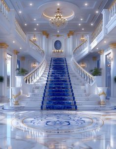 an elegant staircase with blue carpet and chandelier