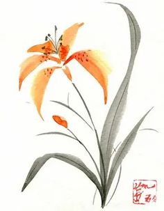 an orange flower on a white background with chinese writing in the bottom right hand corner