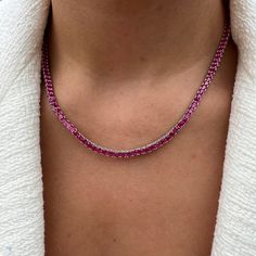 New in! Beautifully crafted round cut 3 mm cz diamonds dark pink tennis necklace made from sterling silver Measures 16 inches in length  GAN0103 Pink Tennis, Diamond Tennis Necklace, Oval Necklace, Round Necklace, Tennis Necklace, Ruby Gemstone, Cz Diamond, Silver Bracelets, Dark Pink