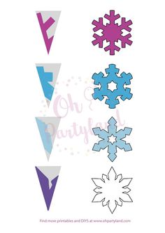 paper snowflakes with the words oh party on them in pink, blue and purple