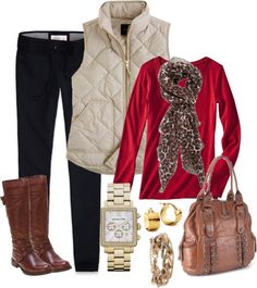 Red Shirt Winter Outfit, Animal Scarf, Jeans Brown, White Vest, Over 60 Fashion