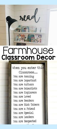 the farmhouse house classroom decor is displayed in an old window frame