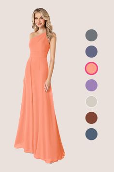 a woman in an orange dress standing next to color swatches and the image shows different colors