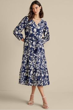 A functional drawstring lets you adjust the neckline of this versatile midi dress, which is wrapped in romantic floral embroidery and and finished by 3/4-length puff sleeves. Soft Surroundings Dresses, Dark Green Dress, Embroidered Midi Dress, V Neck Midi Dress, Midi Dress Casual, Black Long Sleeve Dress, Sweater Dress Midi, Blue Midi Dress, Soft Surroundings