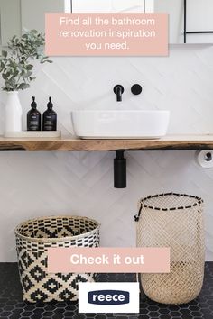 a bathroom with a sink, mirror and basket on the counter next to it is an ad for reeco