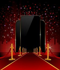 an image of a red carpet with gold barriers and stars on the night sky background